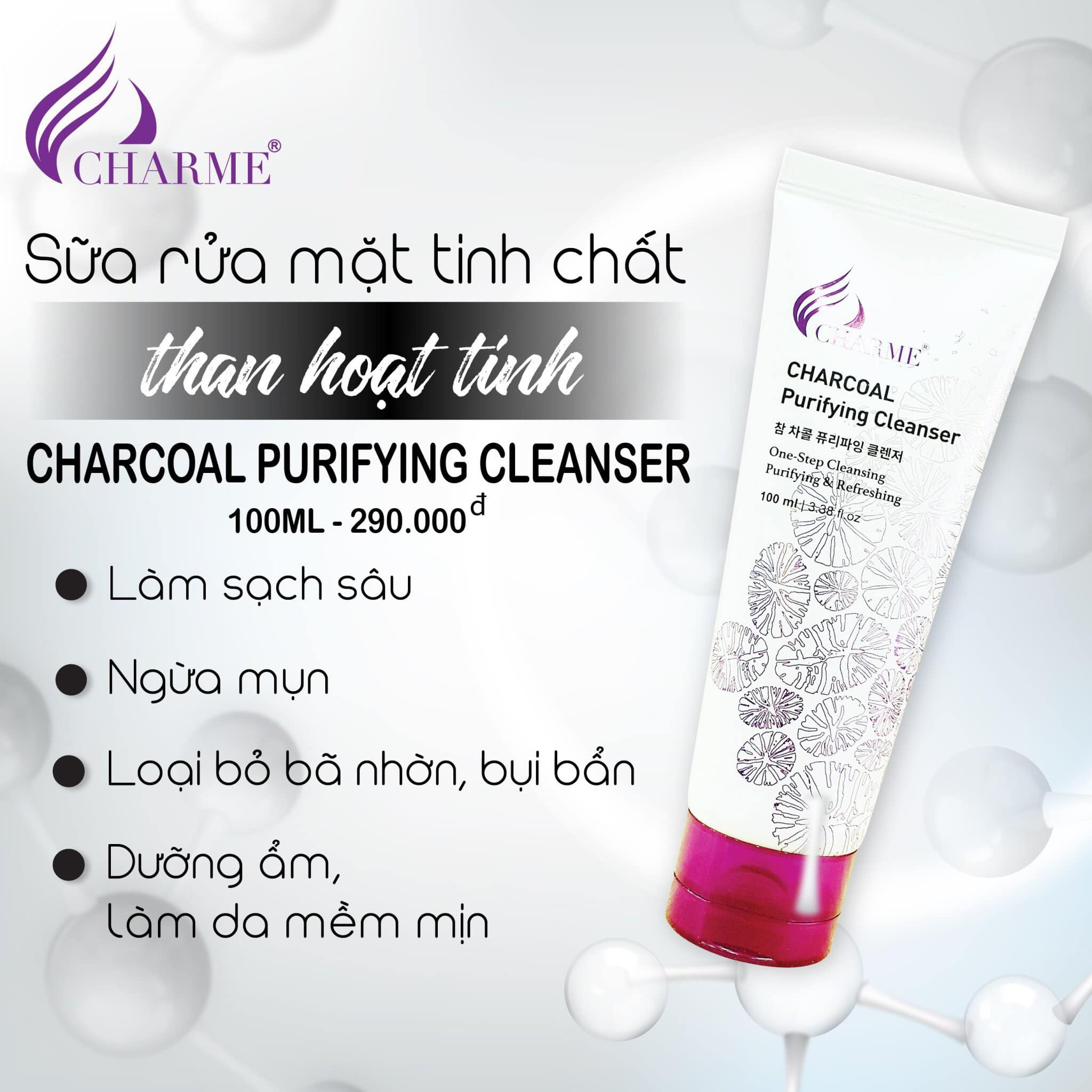 Làm sạch gấp 3 lần với sữa rửa mặt than hoạt tính Charme Charcoal