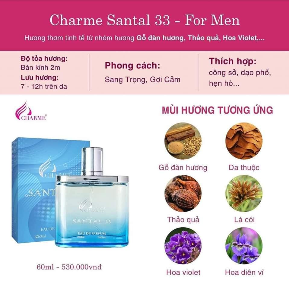 Charme Santal 33 là sự giao thoa tuyệt vời từ những điều tinh tuý nhất của hoa thơm của quả ngọt và của đất trời