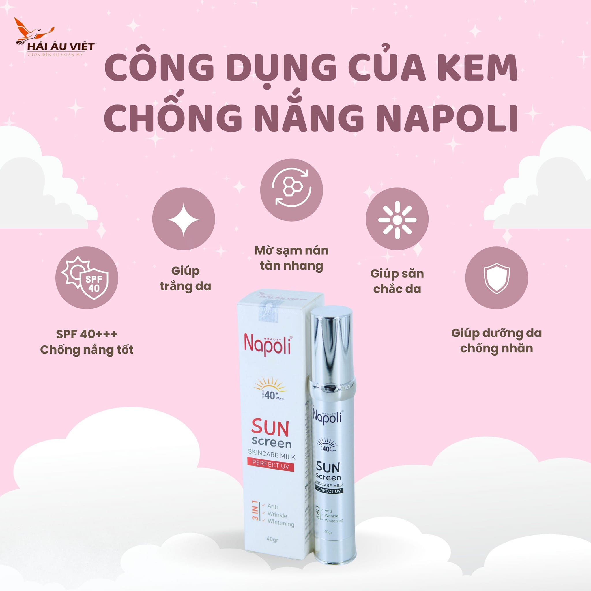 Kem chống nắng Phân Tử Nước NAPOLI dạng sữa lỏng  thấm nhanh trên da không vốn cục ráo mịn.