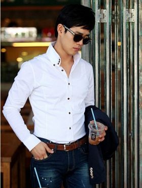 Sơ mi nam Hàn Quốc tay dài phối 3 nút cổ áo màu trắng